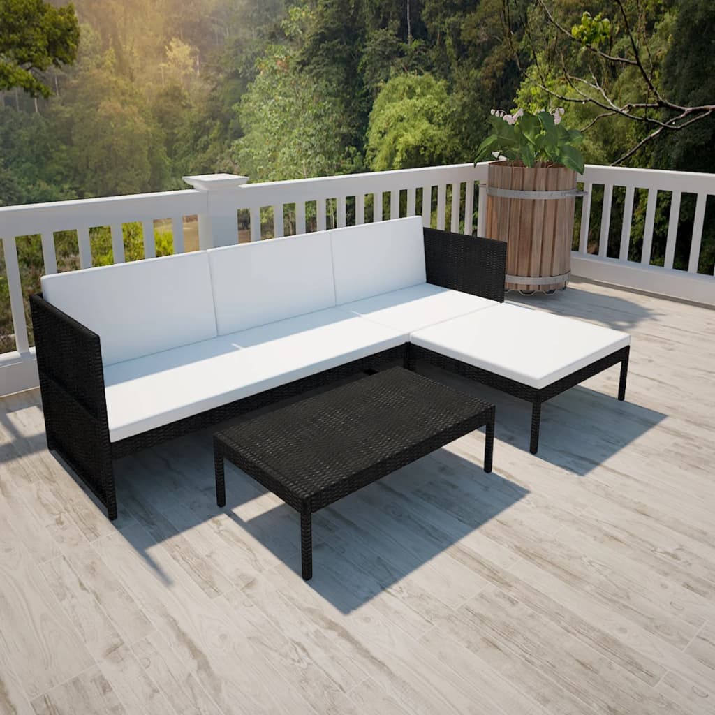 vidaXL 3 Piece Garden Lounge Set with Cushions Poly Rattan Black