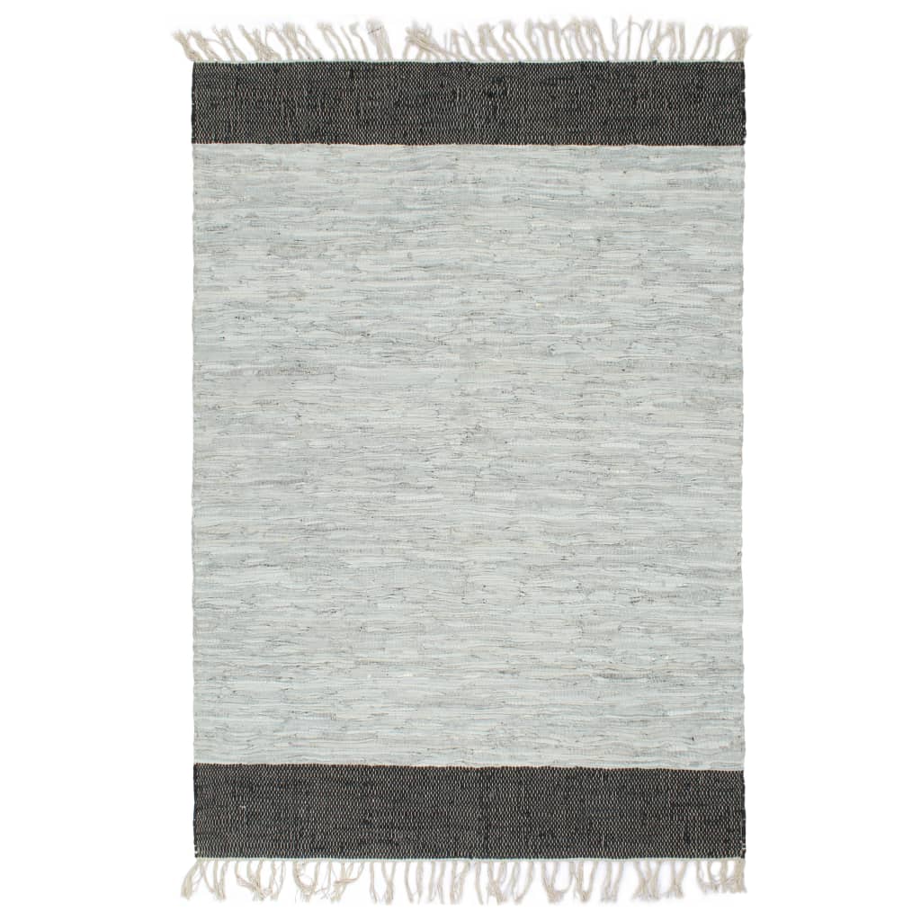vidaXL Hand-woven Chindi Rug Leather 190x280 cm Light Grey and Black