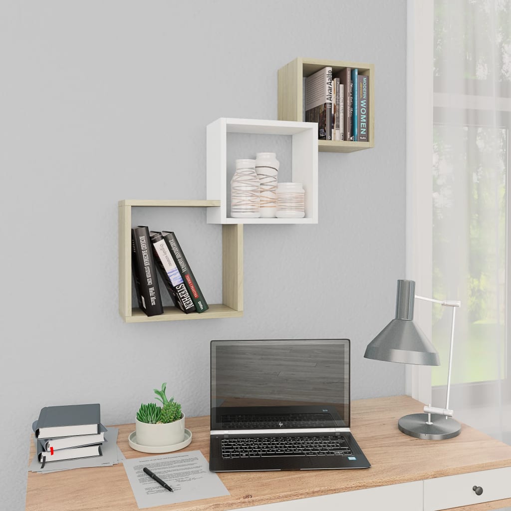 vidaXL Cube Wall Shelf White and Sonoma Oak 68x15x68 cm Engineered Wood