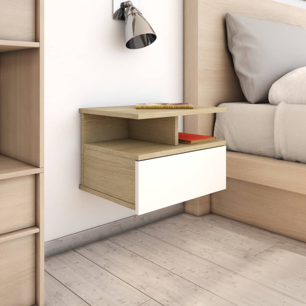 vidaXL Floating Nightstands 2pcs White Sonoma Oak 40x31x27cm Engineered Wood