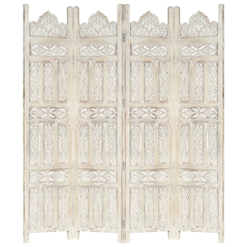 vidaXL Hand carved 4-Panel Room Divider White 160x165 cm Solid Mango Wood