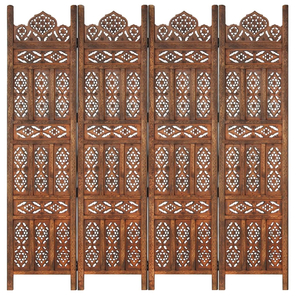 vidaXL Hand carved 4-Panel Room Divider Brown 160x165 cm Solid Mango Wood