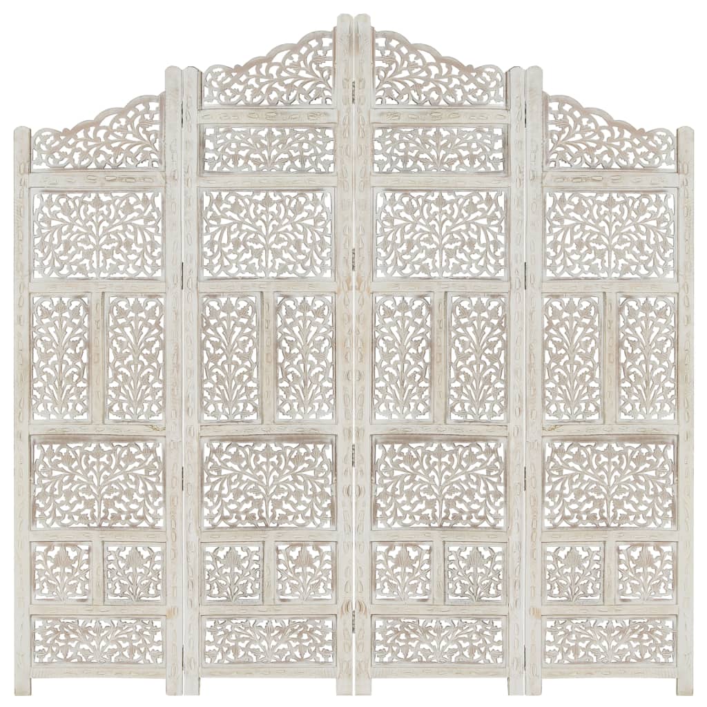 vidaXL Hand carved 4-Panel Room Divider White 160x165 cm Solid Mango Wood