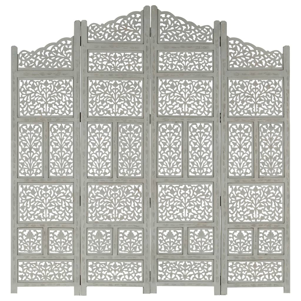 vidaXL Hand carved 4-Panel Room Divider Grey 160x165 cm Solid Mango Wood
