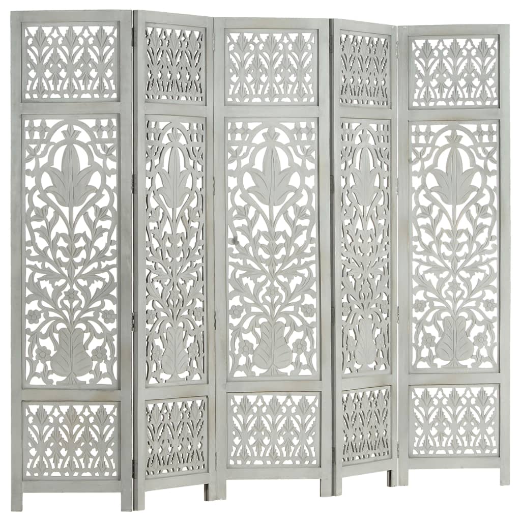 vidaXL Hand Carved 5-Panel Room Divider Grey 200x165 cm Solid Mango Wood