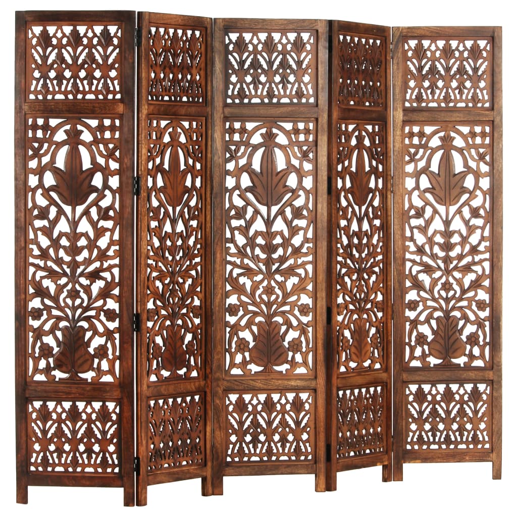 vidaXL Hand Carved 5-Panel Room Divider Brown 200x165 cm Solid Mango Wood