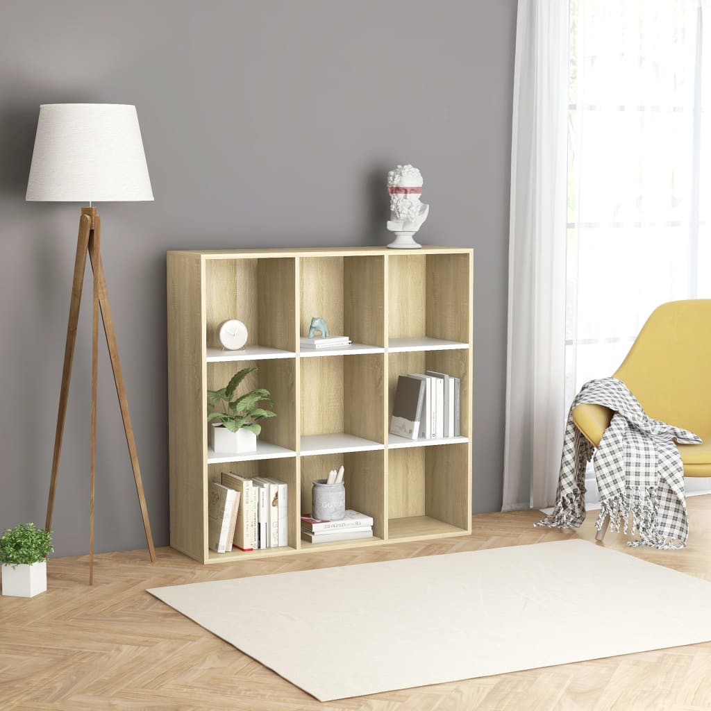 vidaXL Book Cabinet White and Sonoma Oak 98x30x98 cm Engineered Wood