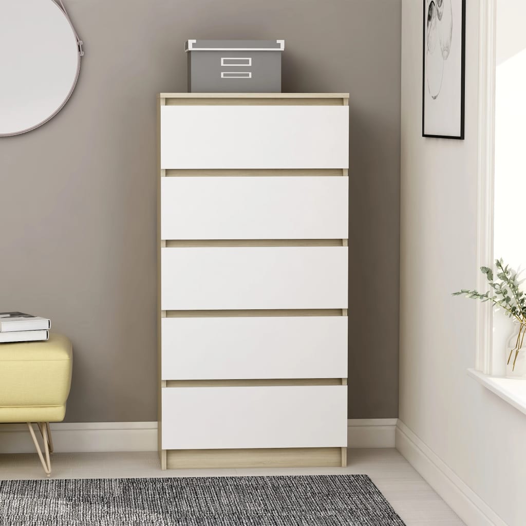 vidaXL Drawer Sideboard White and Sonoma Oak 60x35x121 cm Engineered Wood