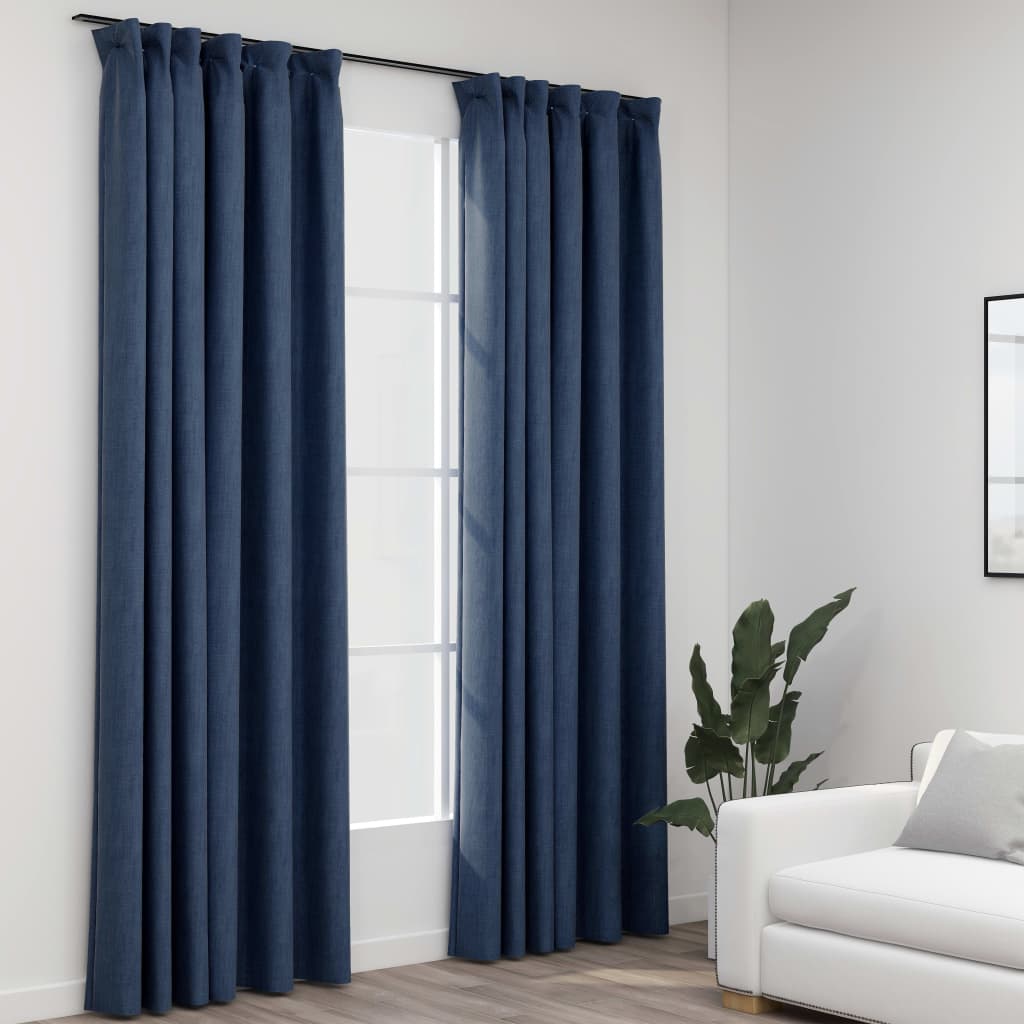 vidaXL Linen-Look Blackout Curtains with Hooks 2 pcs Blue 140x245 cm