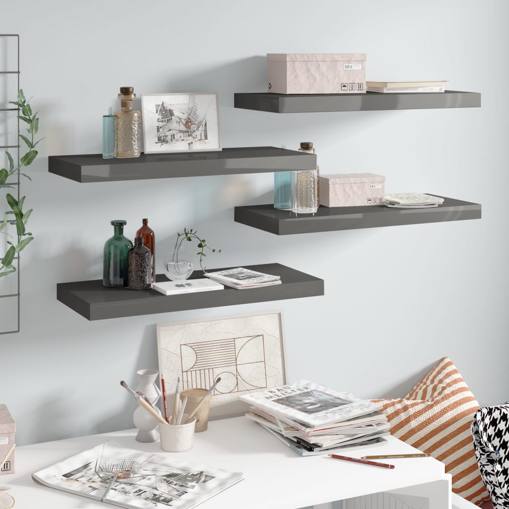 vidaXL Floating Wall Shelves 4 pcs High Gloss Grey 60x23.5x3.8 cm MDF