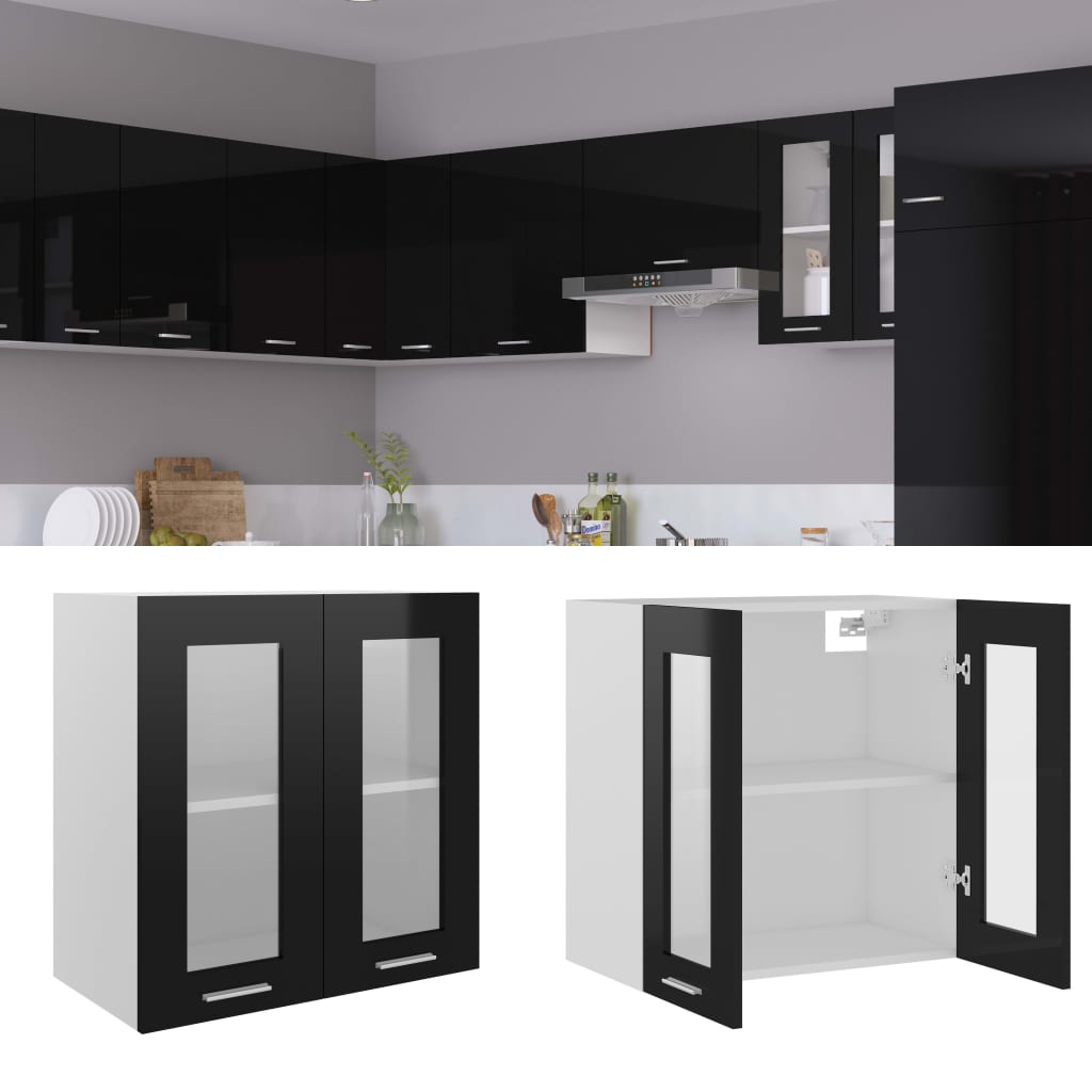 vidaXL Hanging Glass Cabinet High Gloss Black 60x31x60 cm Engineered Wood