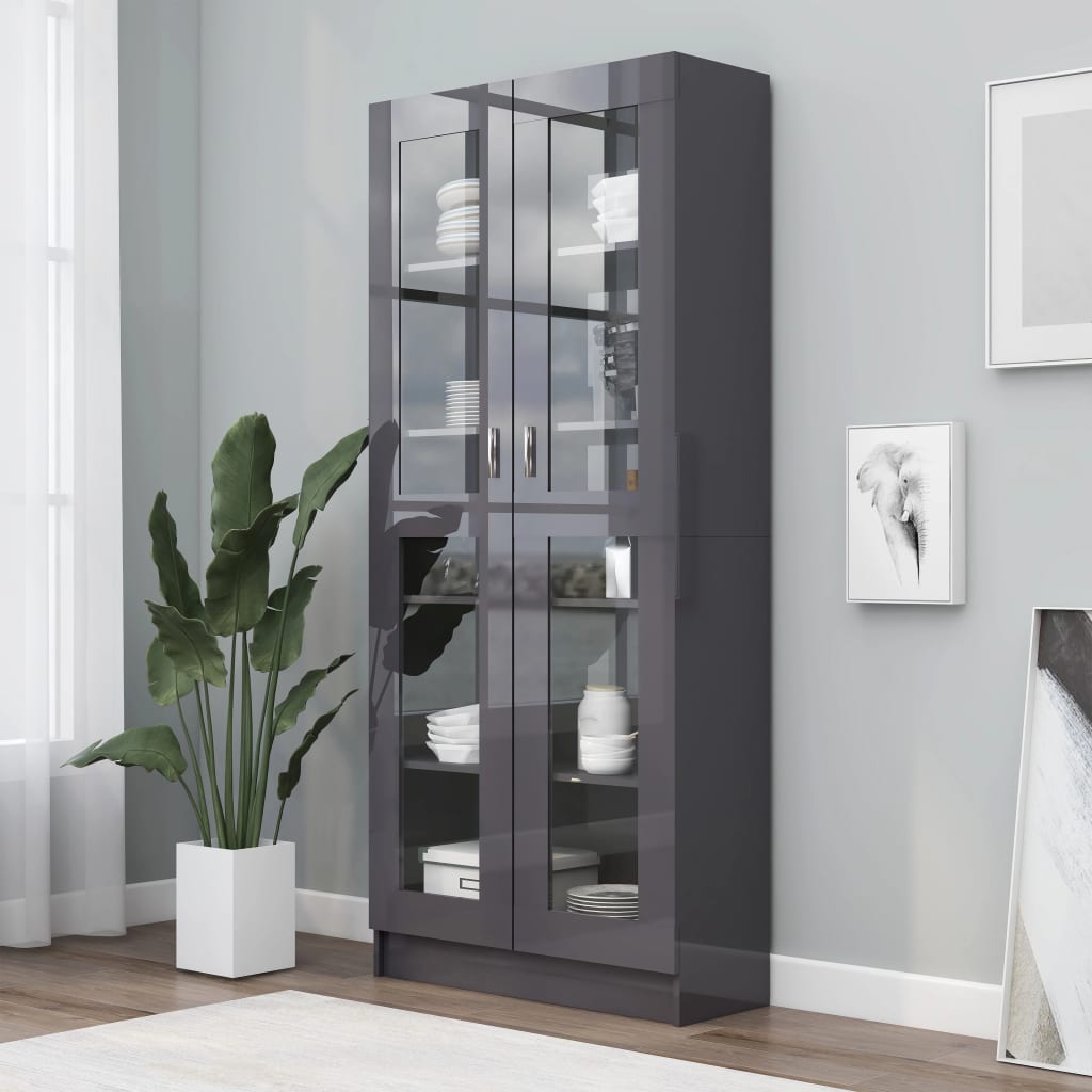 vidaXL Vitrine Cabinet High Gloss Grey 82.5x30.5x185.5 cm Engineered Wood