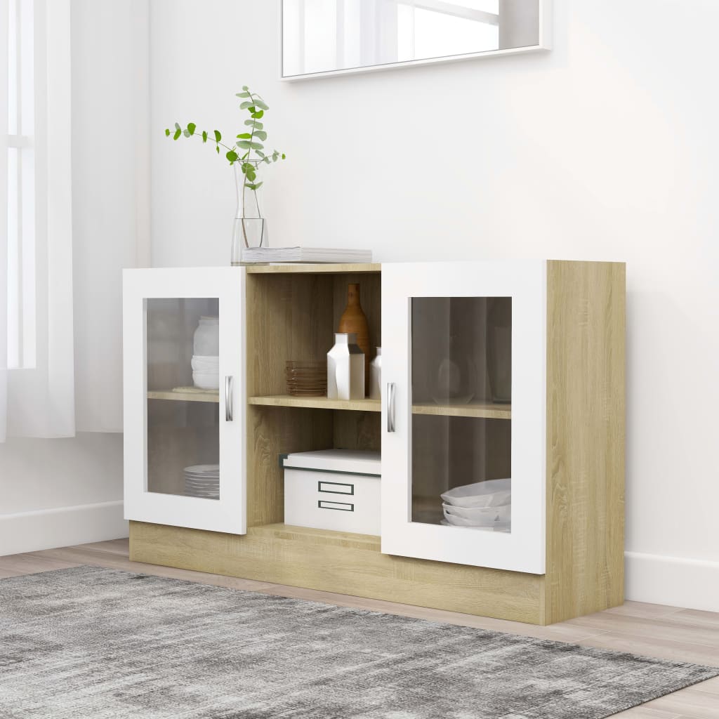 vidaXL Vitrine Cabinet White and Sonoma Oak 120x30.5x70 cm Engineered Wood