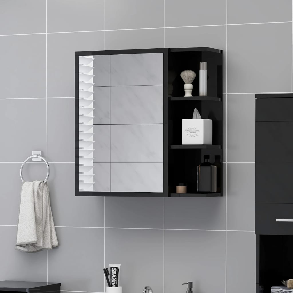 vidaXL Bathroom Mirror Cabinet High Gloss Black 62.5x20.5x64 cm Engineered Wood