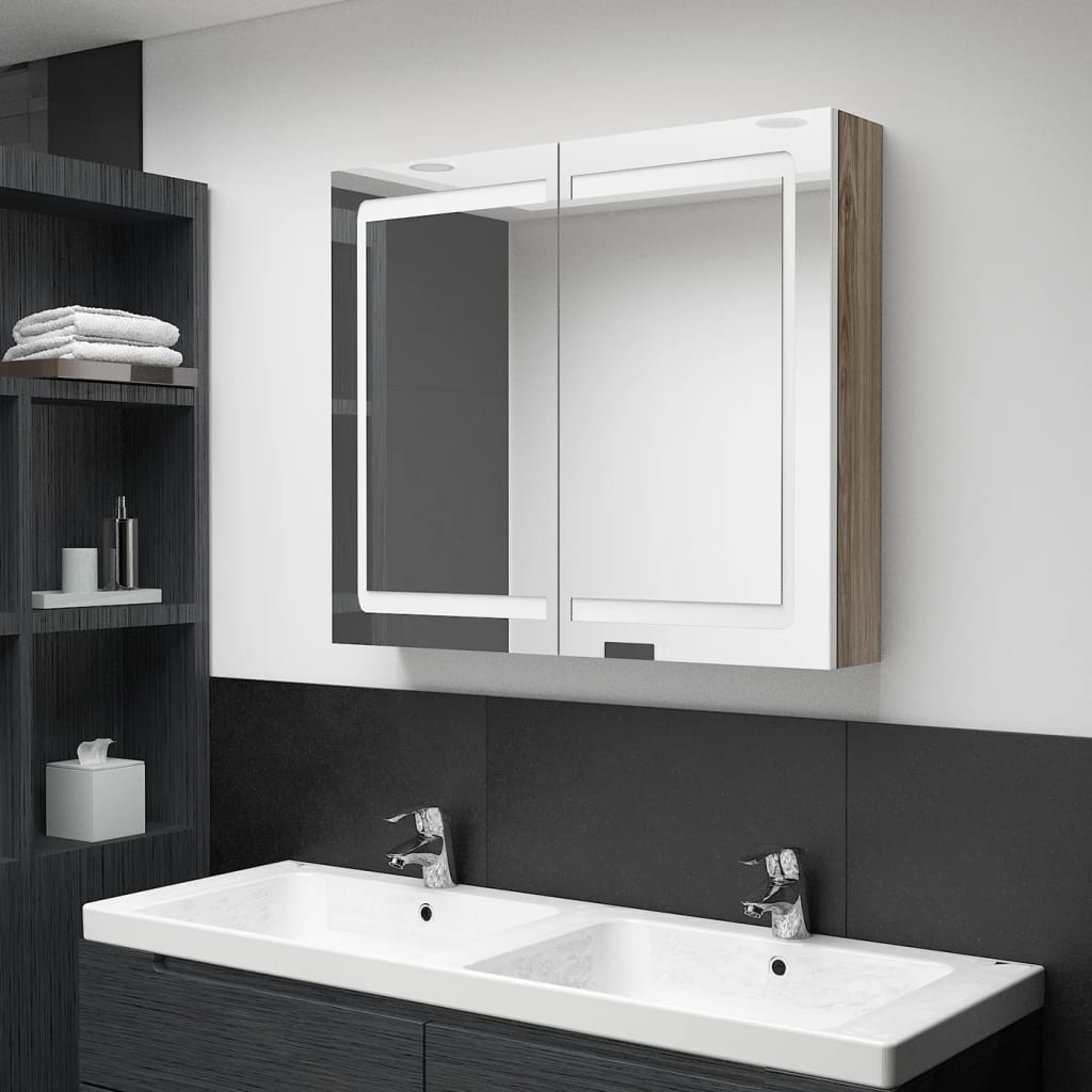 vidaXL LED Bathroom Mirror Cabinet White and Oak 80x12x68 cm