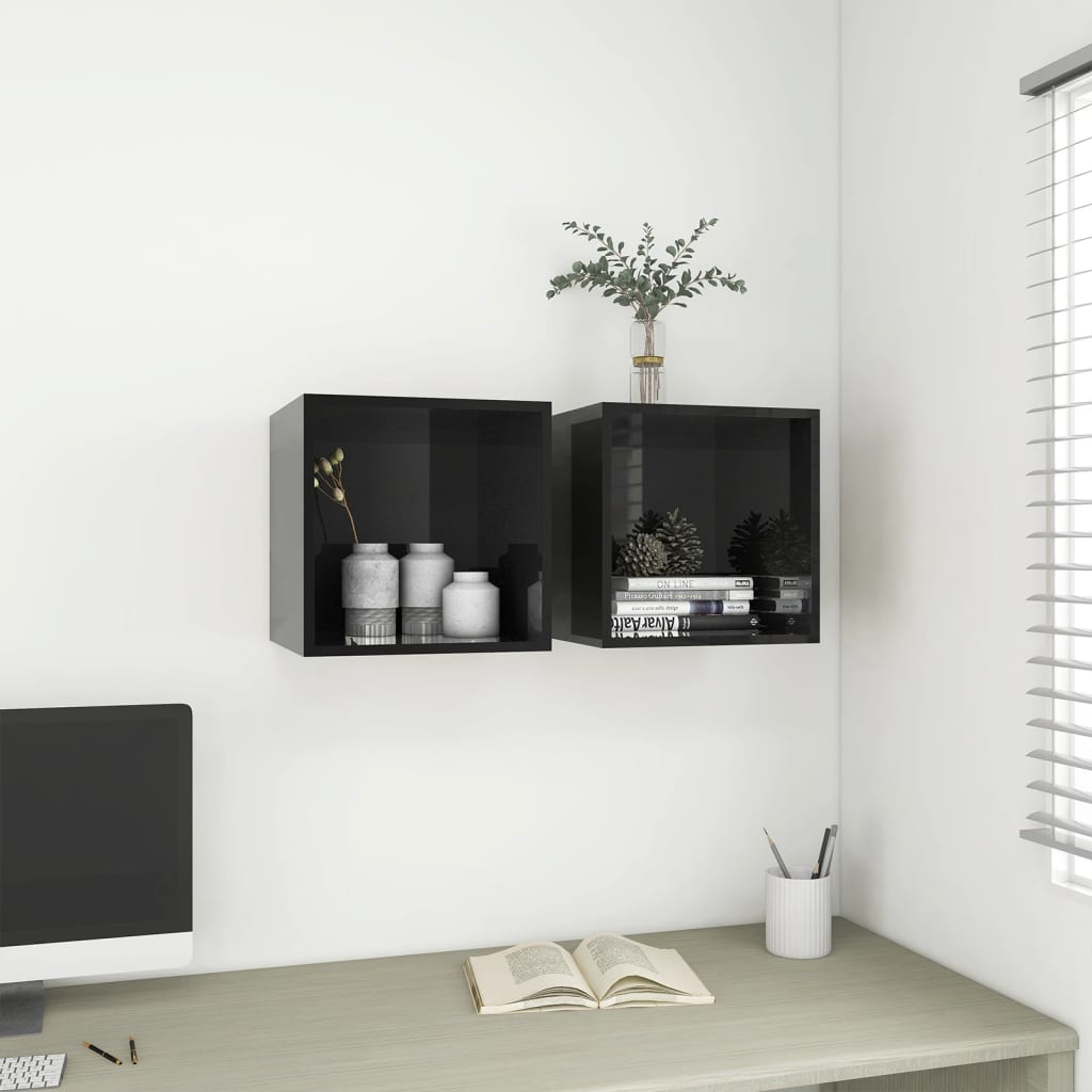 vidaXL Wall Cabinets 2 pcs High Gloss Black 37x37x37 cm Engineered Wood