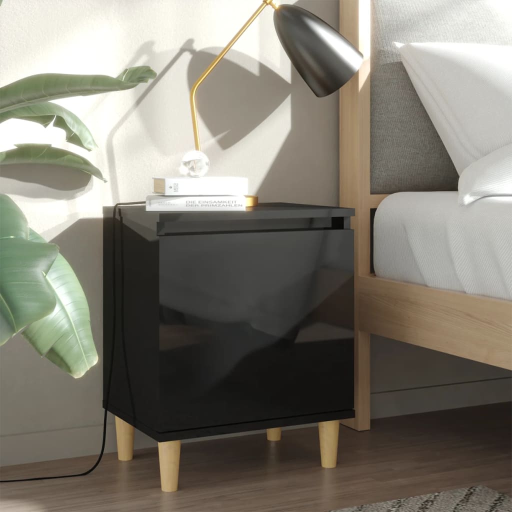 vidaXL Bed Cabinets Solid Wood Legs 2 pcs High Gloss Black 40x30x50 cm