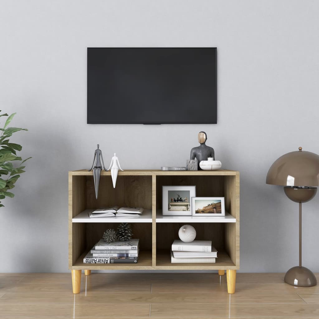 vidaXL TV Cabinet & Solid Wood Legs White and Sonoma Oak 69.5x30x50 cm
