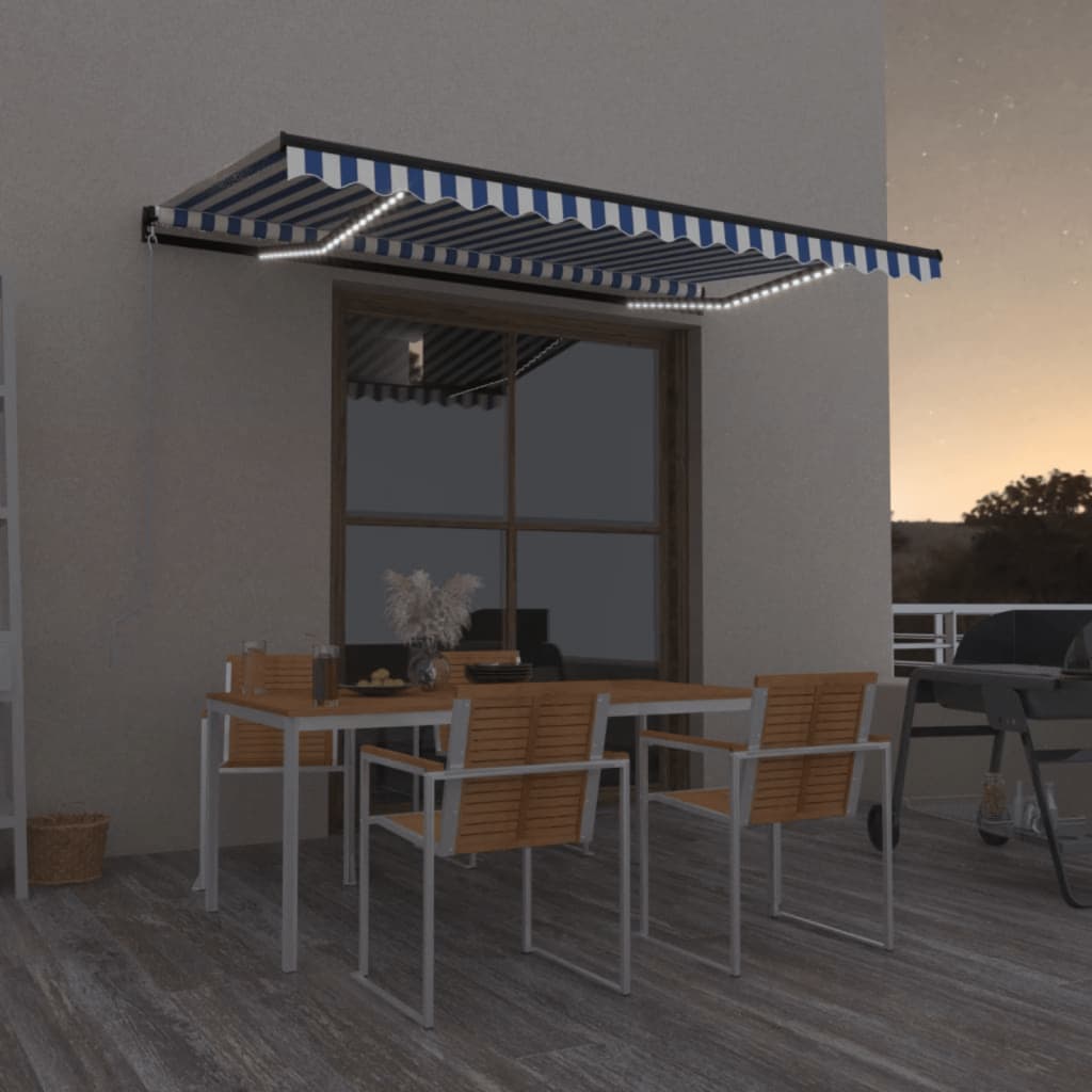 vidaXL Manual Retractable Awning with LED 450x350 cm Blue and White