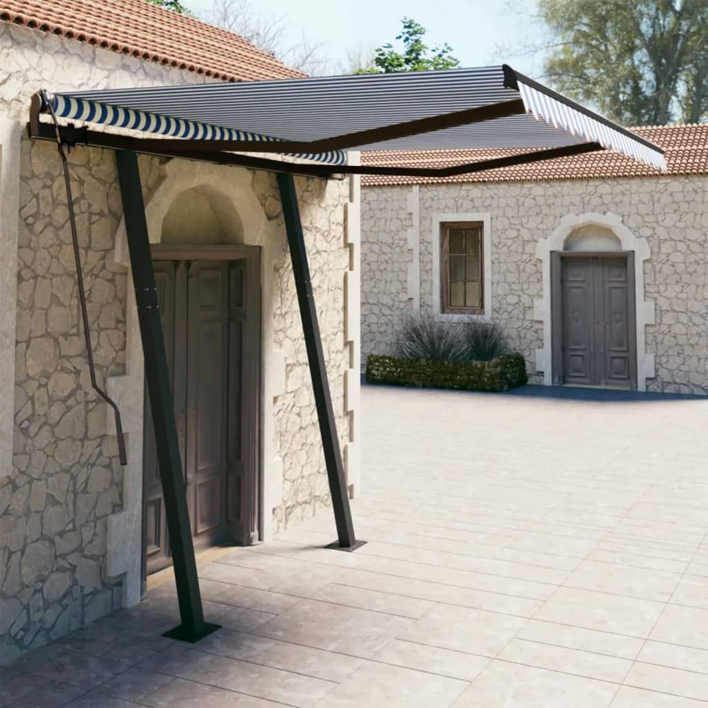 vidaXL Manual Retractable Awning with Posts 3.5x2.5 m Blue and White