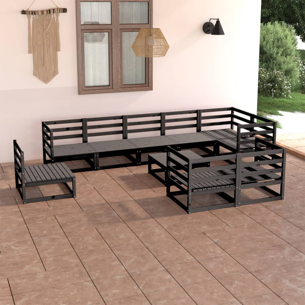 vidaXL 10 Piece Garden Lounge Set Black Solid Pinewood