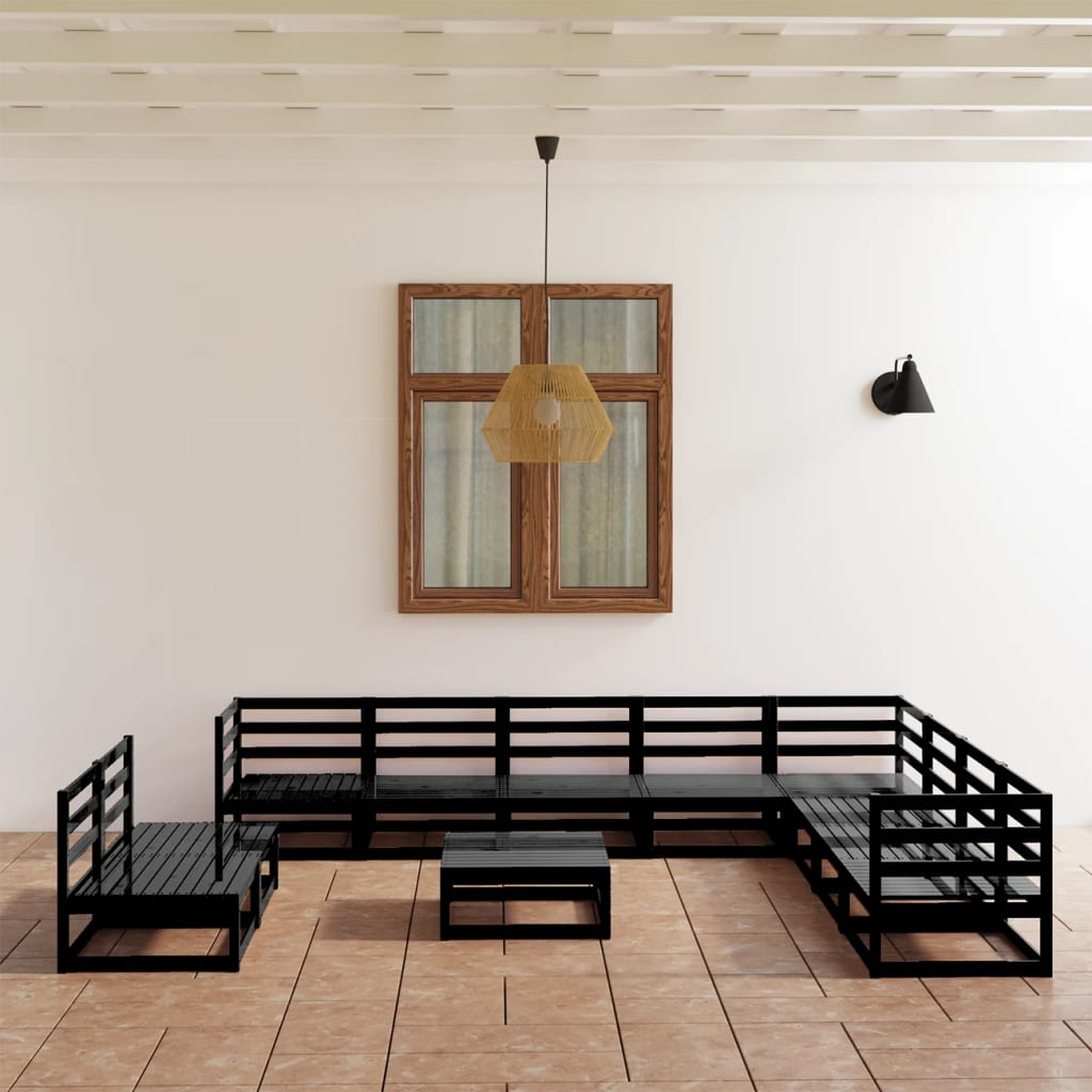 vidaXL 11 Piece Garden Lounge Set Black Solid Pinewood