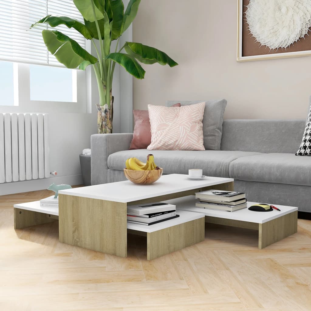 vidaXL Nesting Coffee Table Set White and Sonoma Oak 100x100x26.5 cm