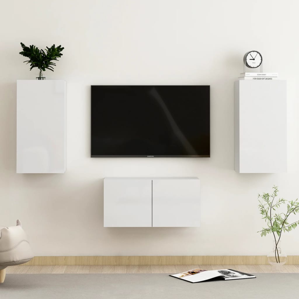 vidaXL 3 Piece TV Cabinet Set High Gloss White Engineered Wood