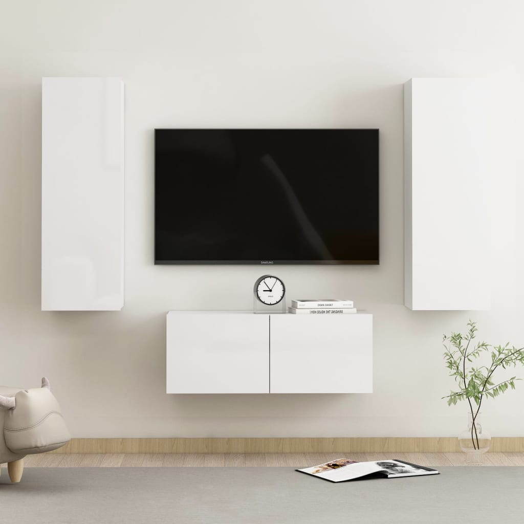 vidaXL 3 Piece TV Cabinet Set High Gloss White Engineered Wood