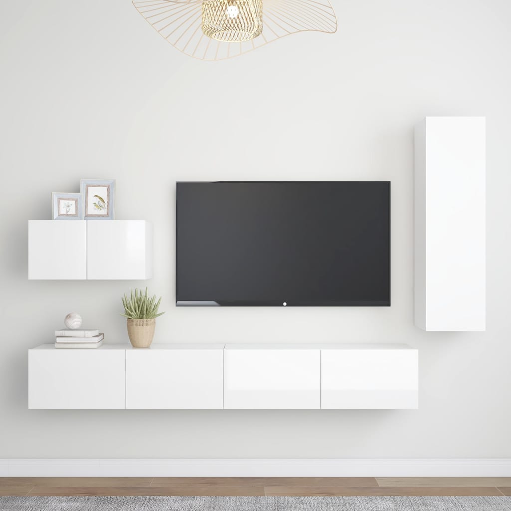 vidaXL 4 Piece TV Cabinet Set High Gloss White Engineered Wood
