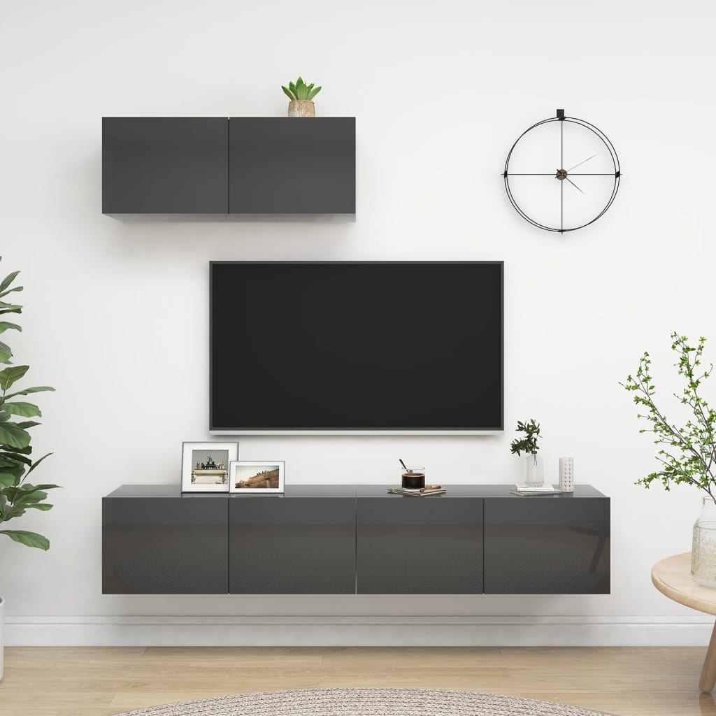 vidaXL TV Cabinets 3 pcs High Gloss Grey Engineered Wood