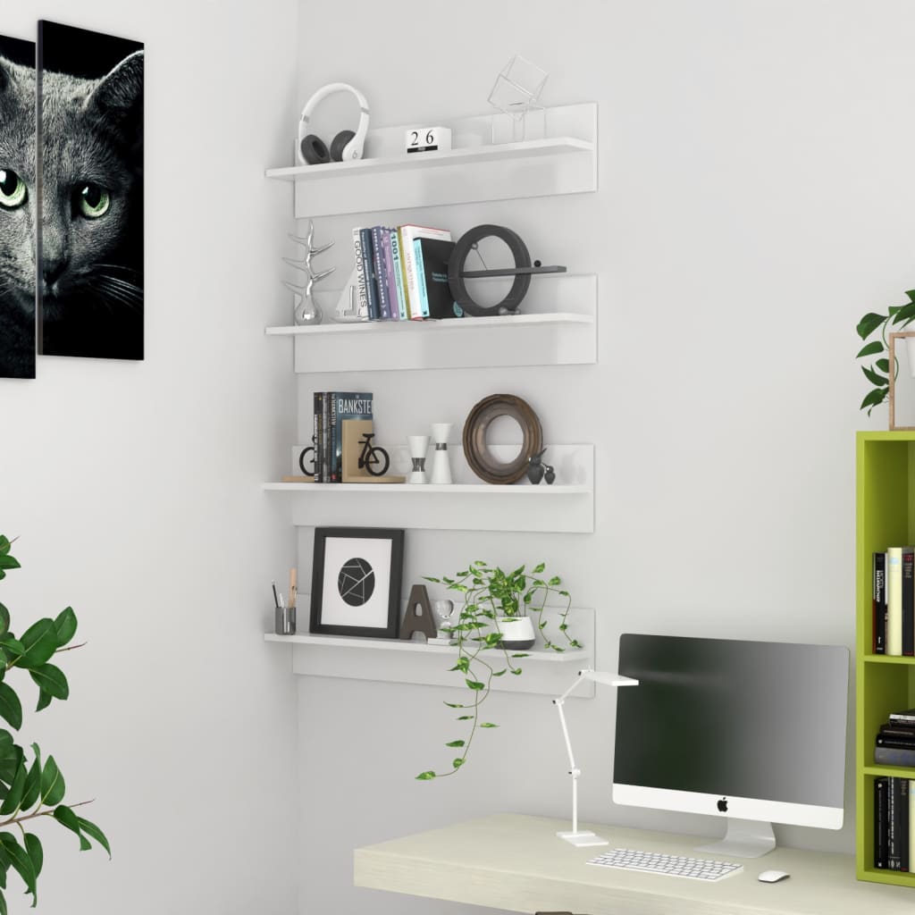 vidaXL Wall Shelf 4 pcs High Gloss White 80x11.5x18 cm Engineered Wood