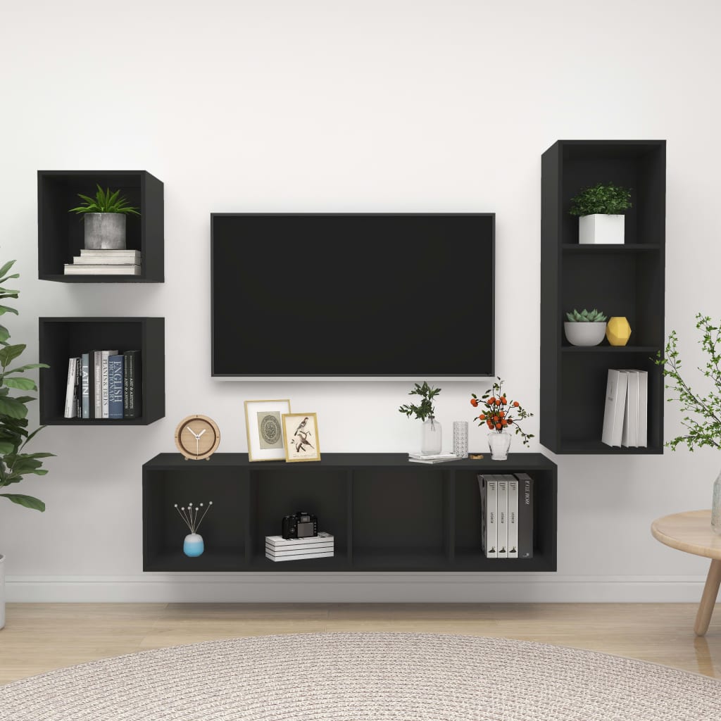 vidaXL 4 Piece TV Cabinet Set Black Engineered Wood