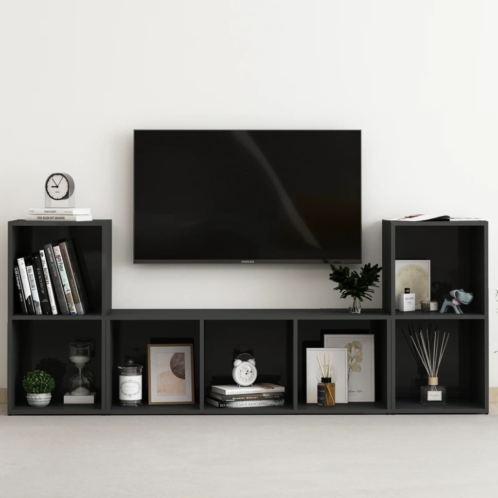 vidaXL 3 Piece TV Cabinet Set High Gloss Black Engineered Wood