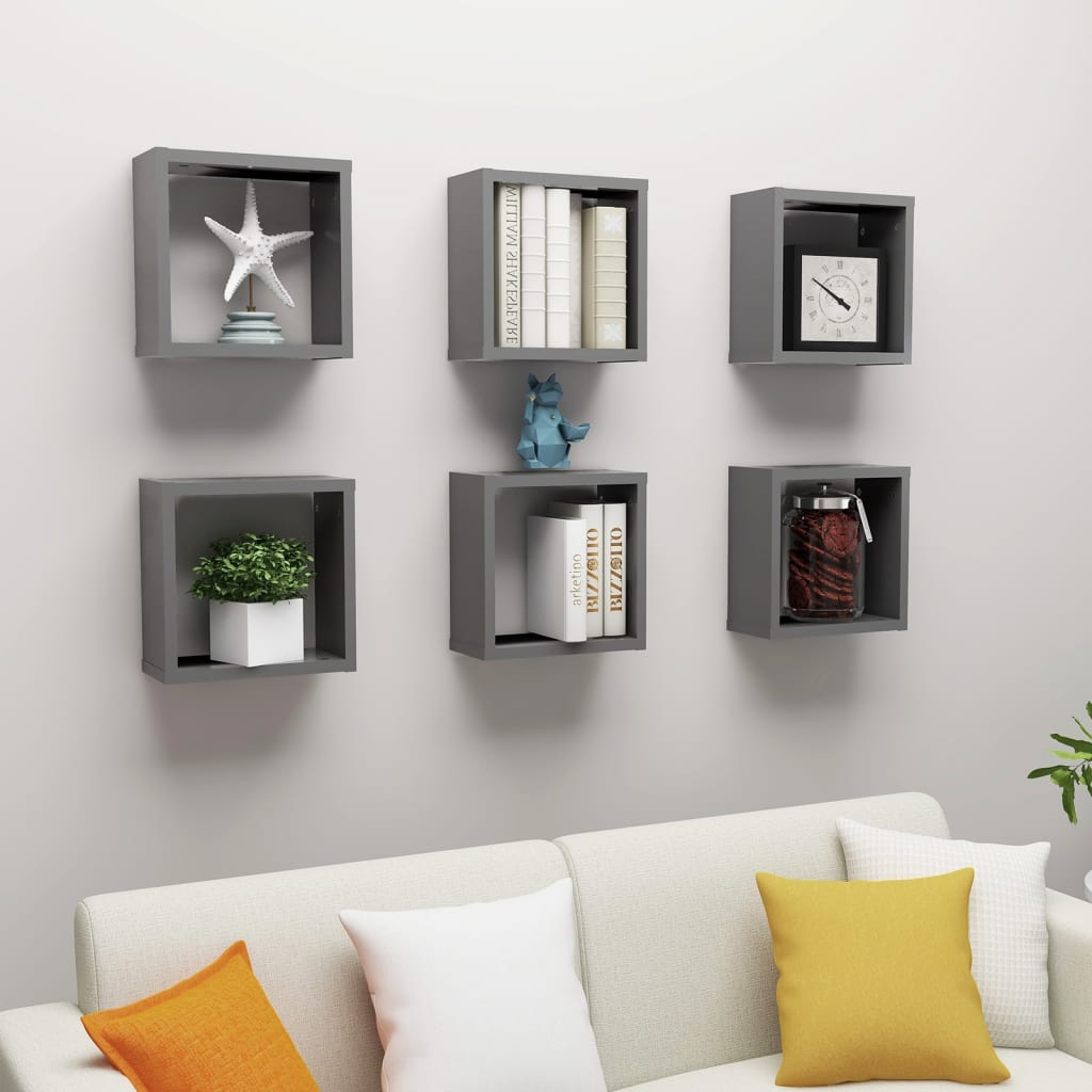 vidaXL Wall Cube Shelves 6 pcs Grey 30x15x30 cm