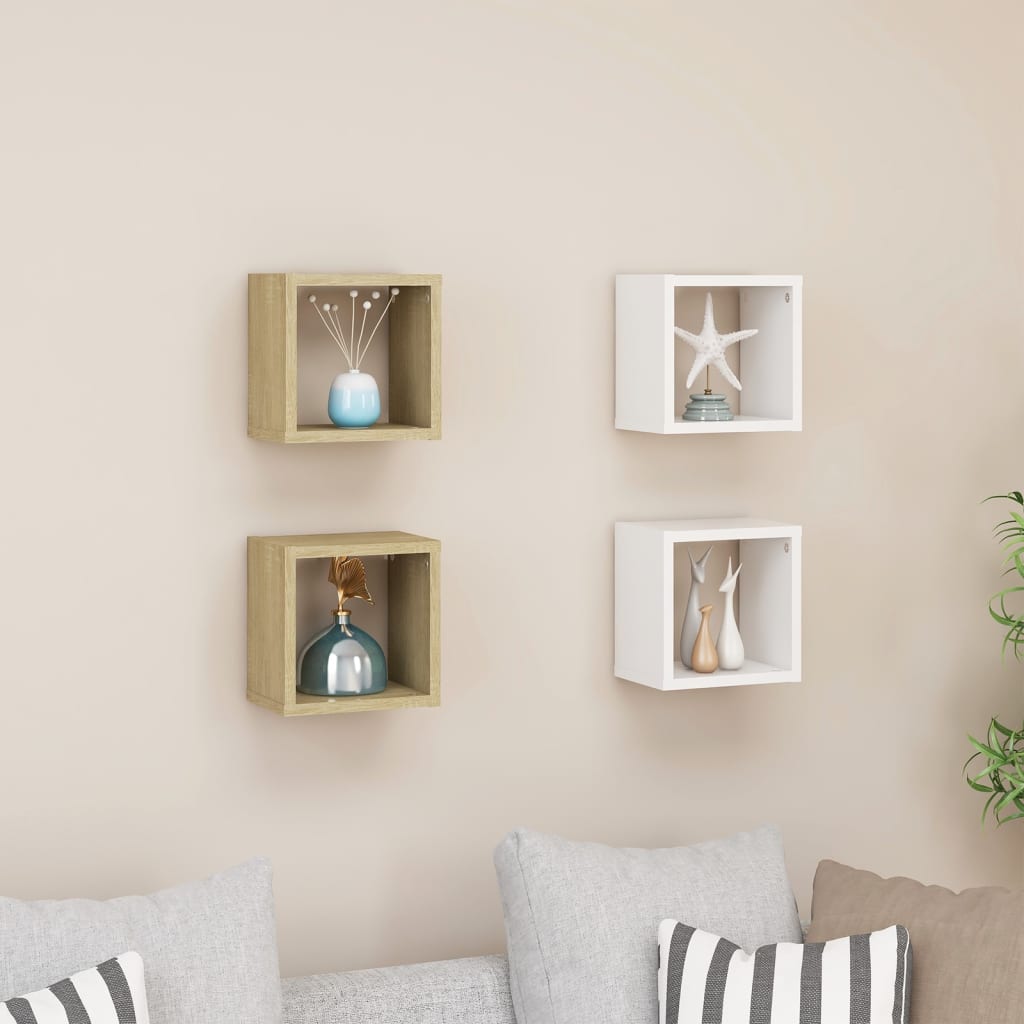 vidaXL Wall Cube Shelves 4 pcs White and Sonoma Oak 22x15x22 cm