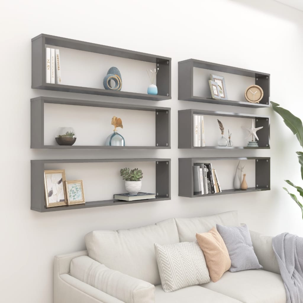 vidaXL Wall Cube Shelf 6 pcs High Gloss Grey 100x15x30 cm Engineered Wood