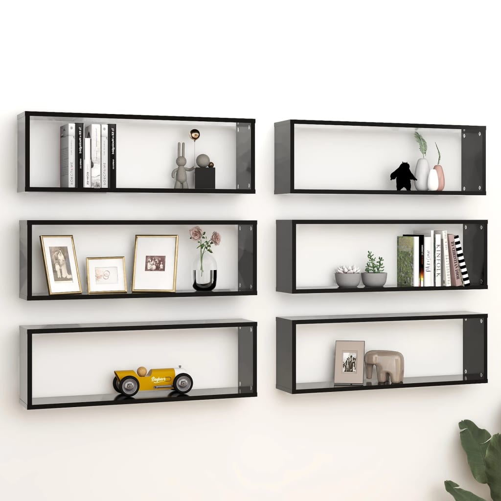 vidaXL Wall Cube Shelf 6 pcs Black 80x15x26.5 cm Engineered Wood