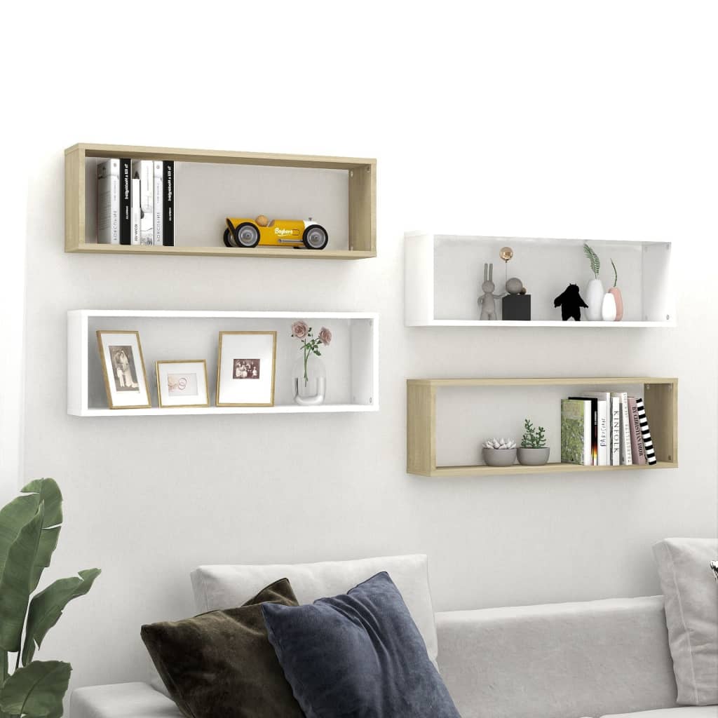 vidaXL Wall Cube Shelf 4 pcs White&Sonoma Oak 80x15x26.5cm Engineered Wood