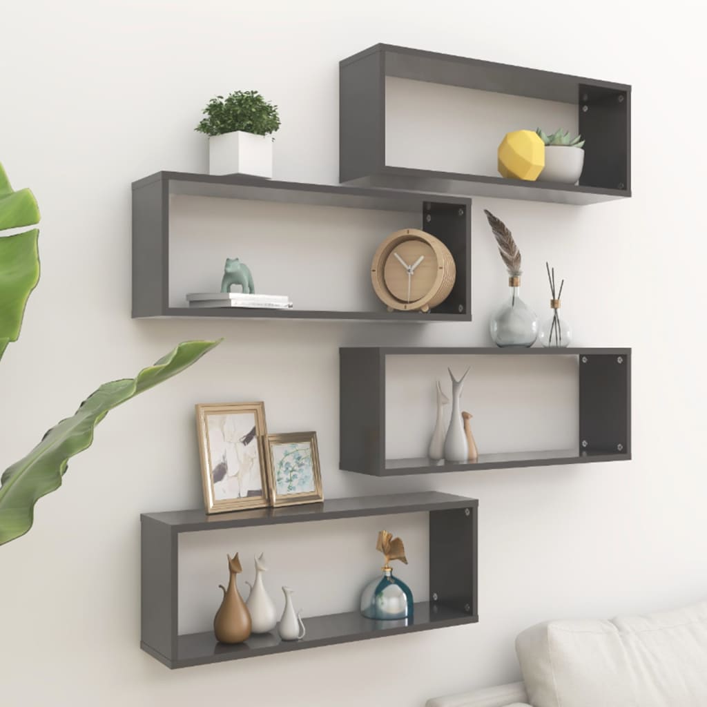 vidaXL Wall Cube Shelf 4 pcs Grey 60x15x23 cm Engineered Wood