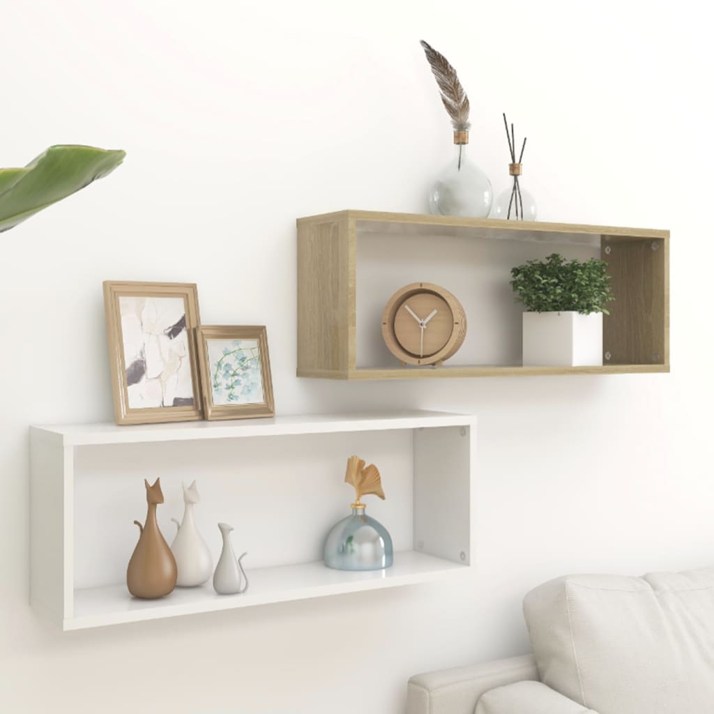 vidaXL Wall Cube Shelf 2 pcs White and Sonoma Oak 60x15x23 cm Engineered Wood