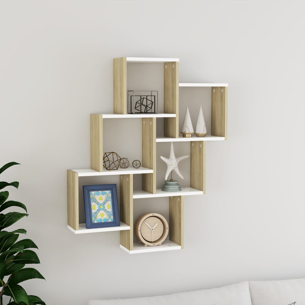 vidaXL Wall Cube Shelf White and Sonoma Oak 78x15x93 cm Engineered Wood