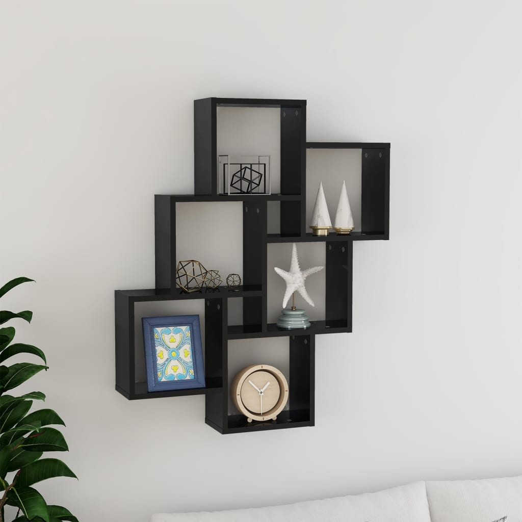 vidaXL Wall Cube Shelf High Gloss Black 78x15x93 cm Engineered Wood