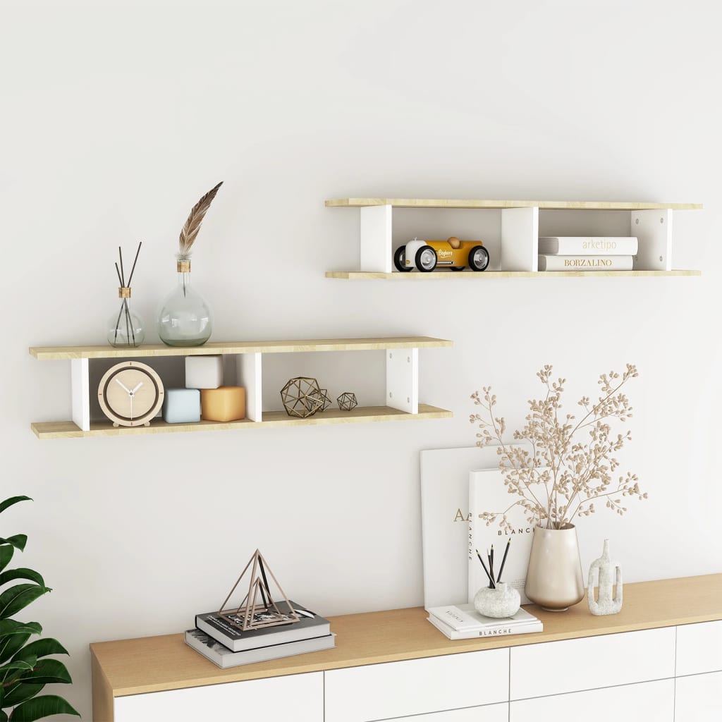 vidaXL Wall Shelf 2 pcs White and Sonoma Oak 105x18x20 cm Engineered Wood