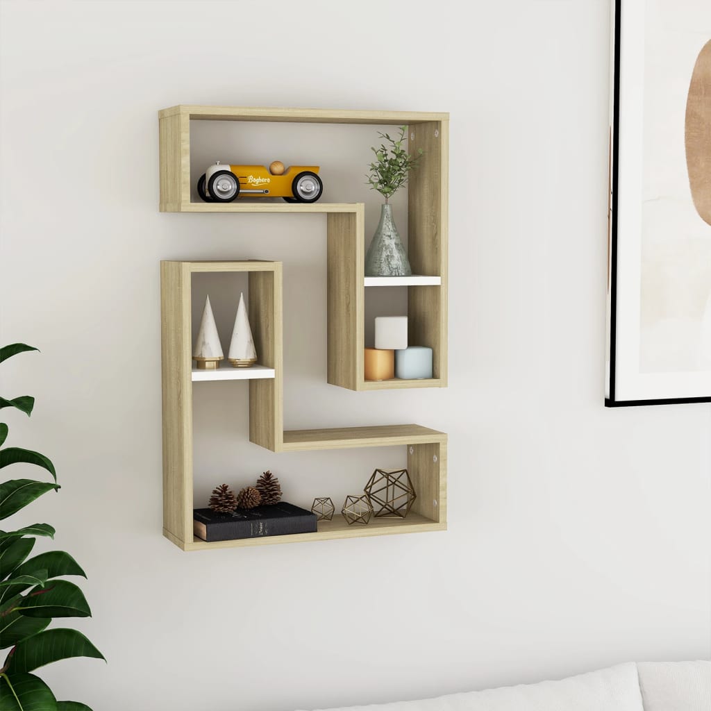 vidaXL Wall Shelf 2 pcs White and Sonoma Oak 50x15x50 cm Engineered Wood