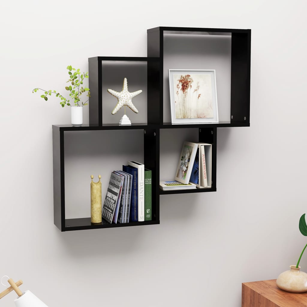 vidaXL Wall Cube Shelf High Gloss Black 80x15x78.5 cm Engineered Wood