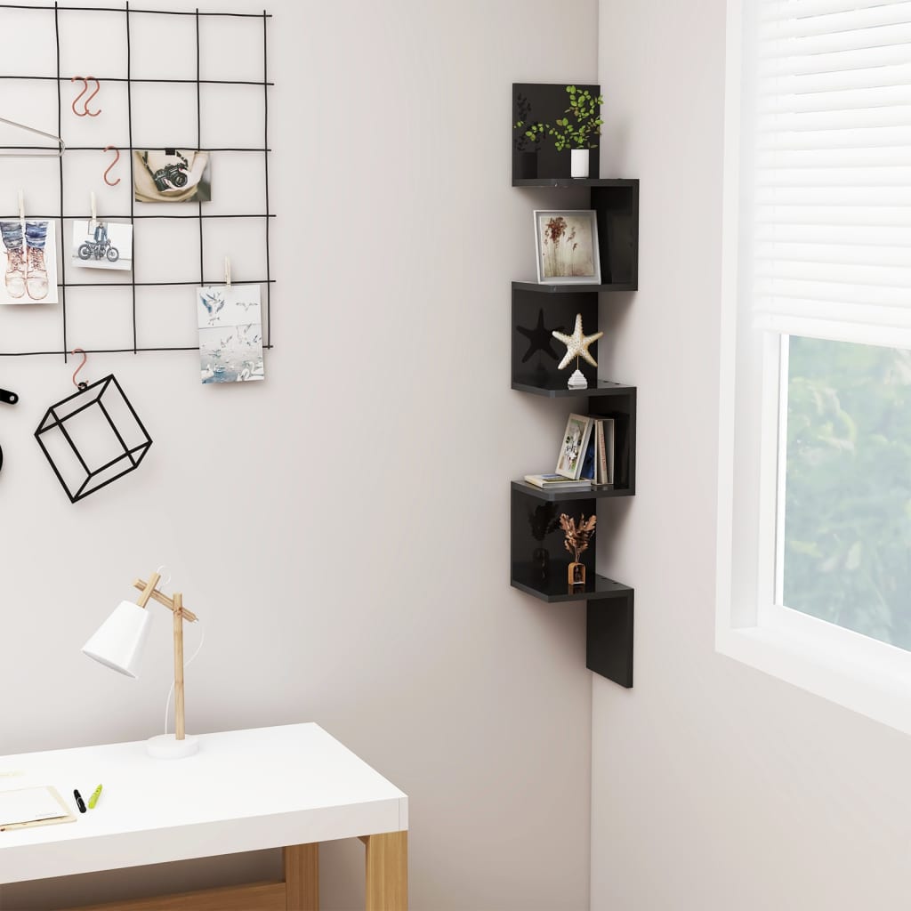 vidaXL Wall Corner Shelf High Gloss Black 20x20x127.5 cm Engineered Wood