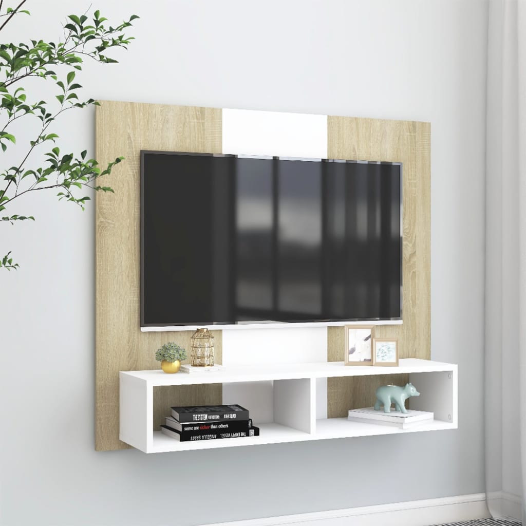vidaXL Wall TV Cabinet White and Sonoma Oak 102x23.5x90 cm Engineered Wood