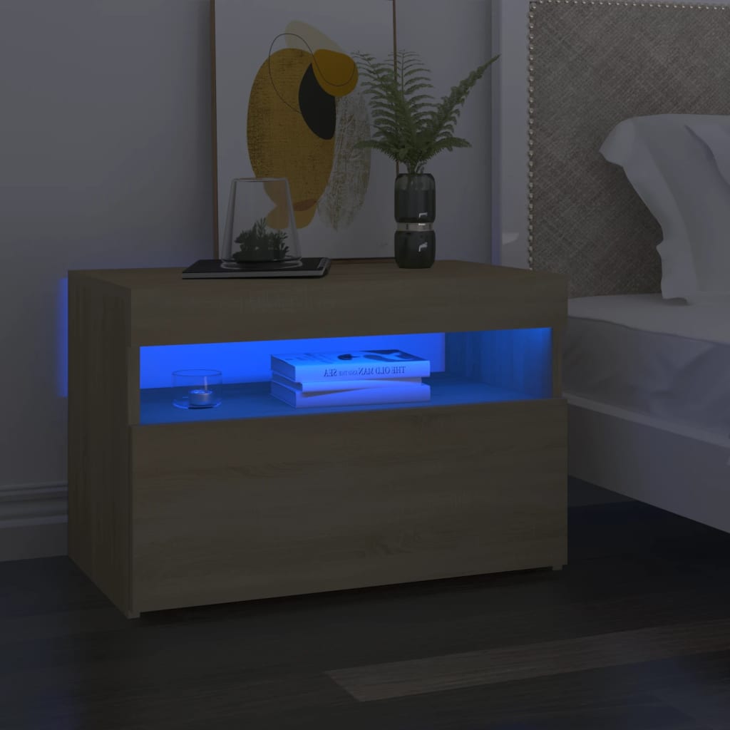 vidaXL Bedside Cabinet & LED Lights Sonoma Oak 60x35x40 cm Engineered Wood