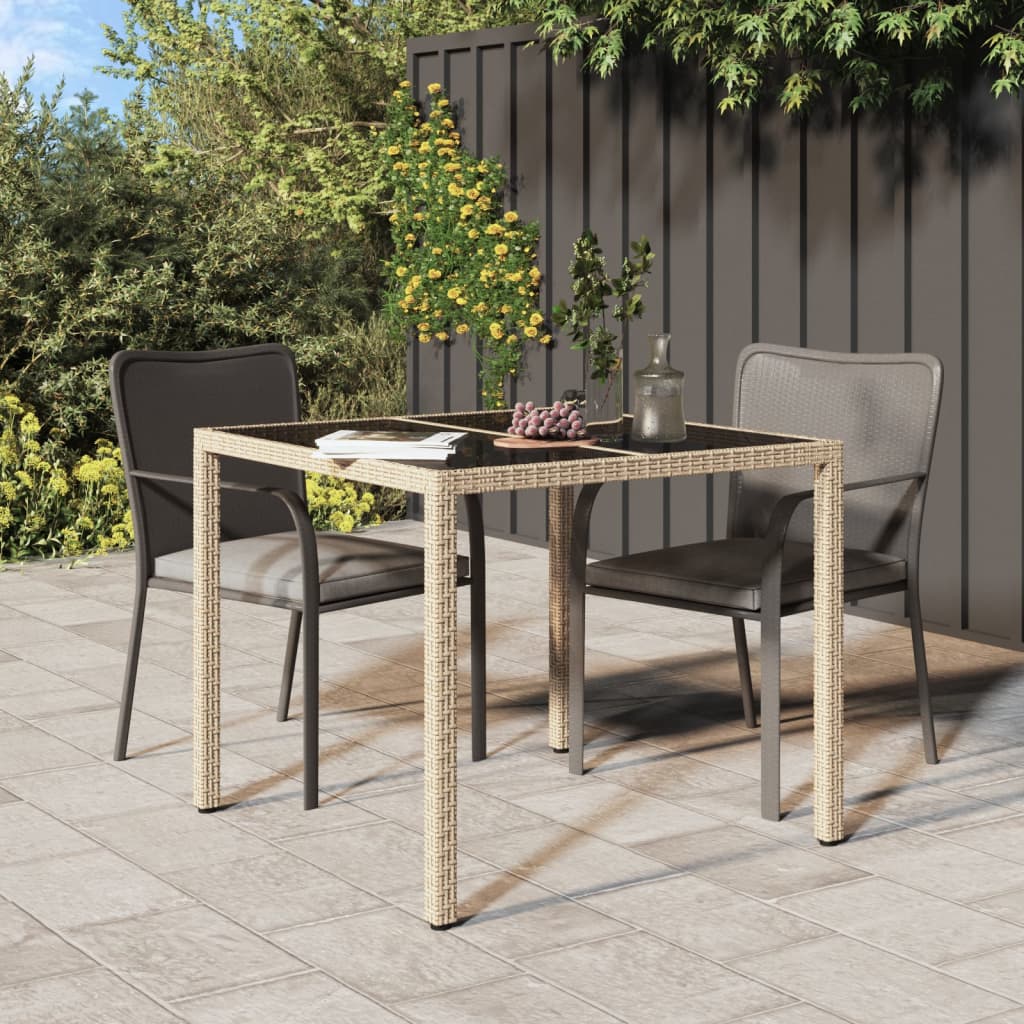 vidaXL Garden Table 90x90x75 cm Tempered Glass and Poly Rattan Beige